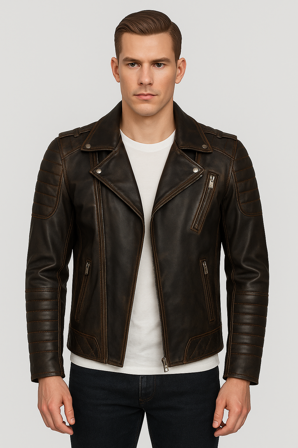 Gerçek Erkek Motorcu Vintage Eskitme Deri Mont